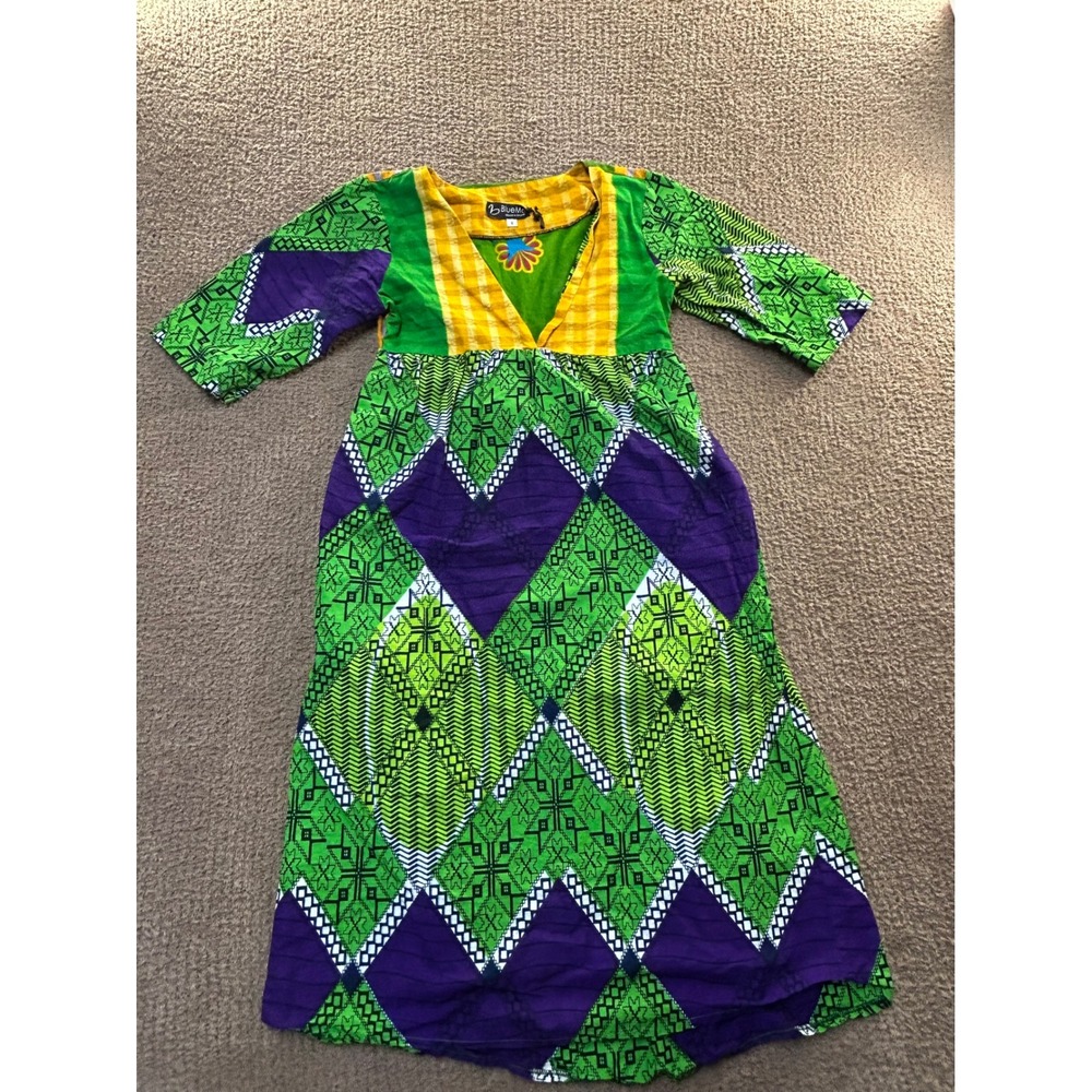 BlueMo Ghana Mixed Print Midi Dress Green Purple Yellow V-Neck Size 8
